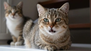 Gato miando na janela, com outro gato ao fundo.