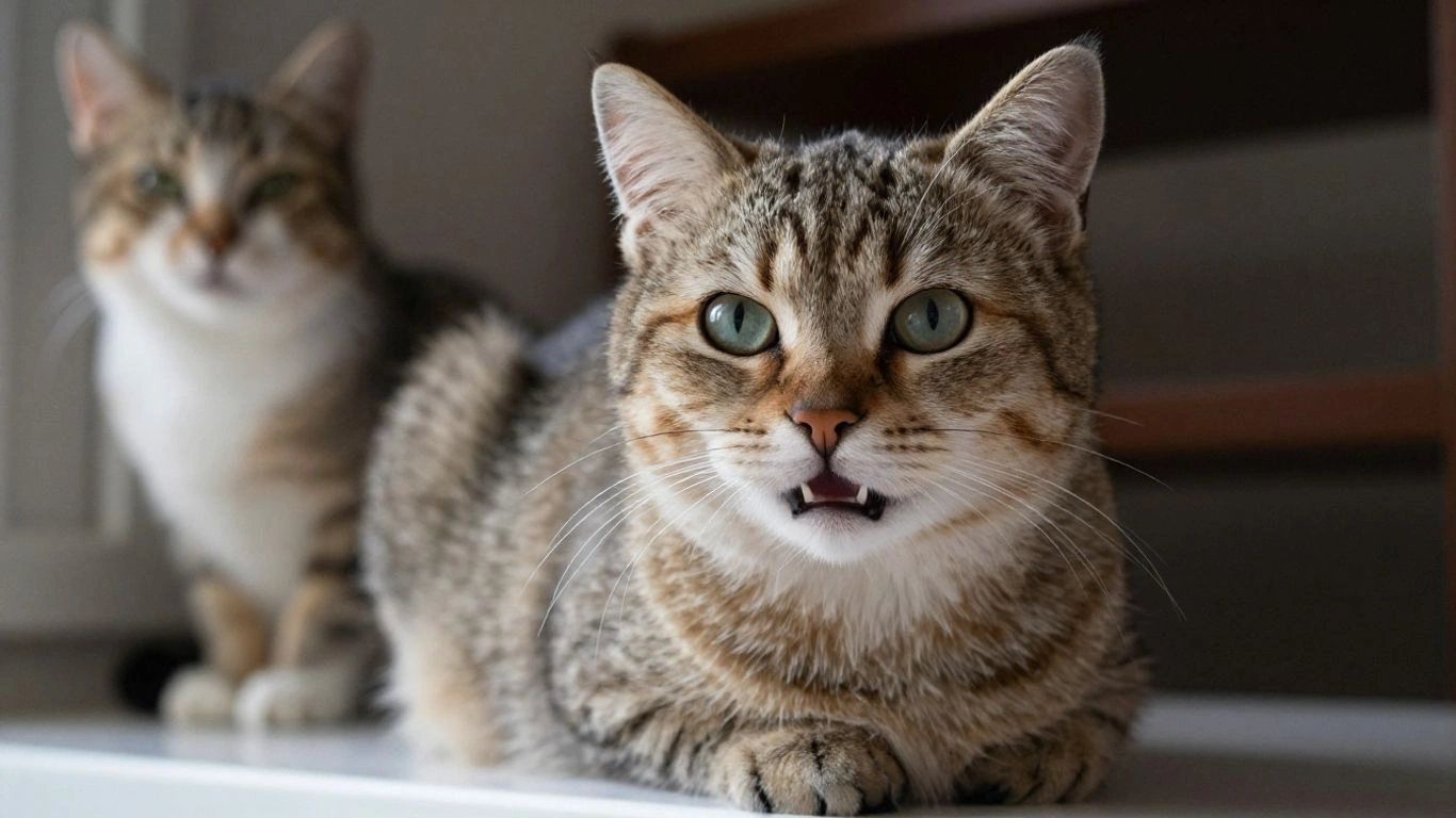 Gato miando na janela, com outro gato ao fundo.