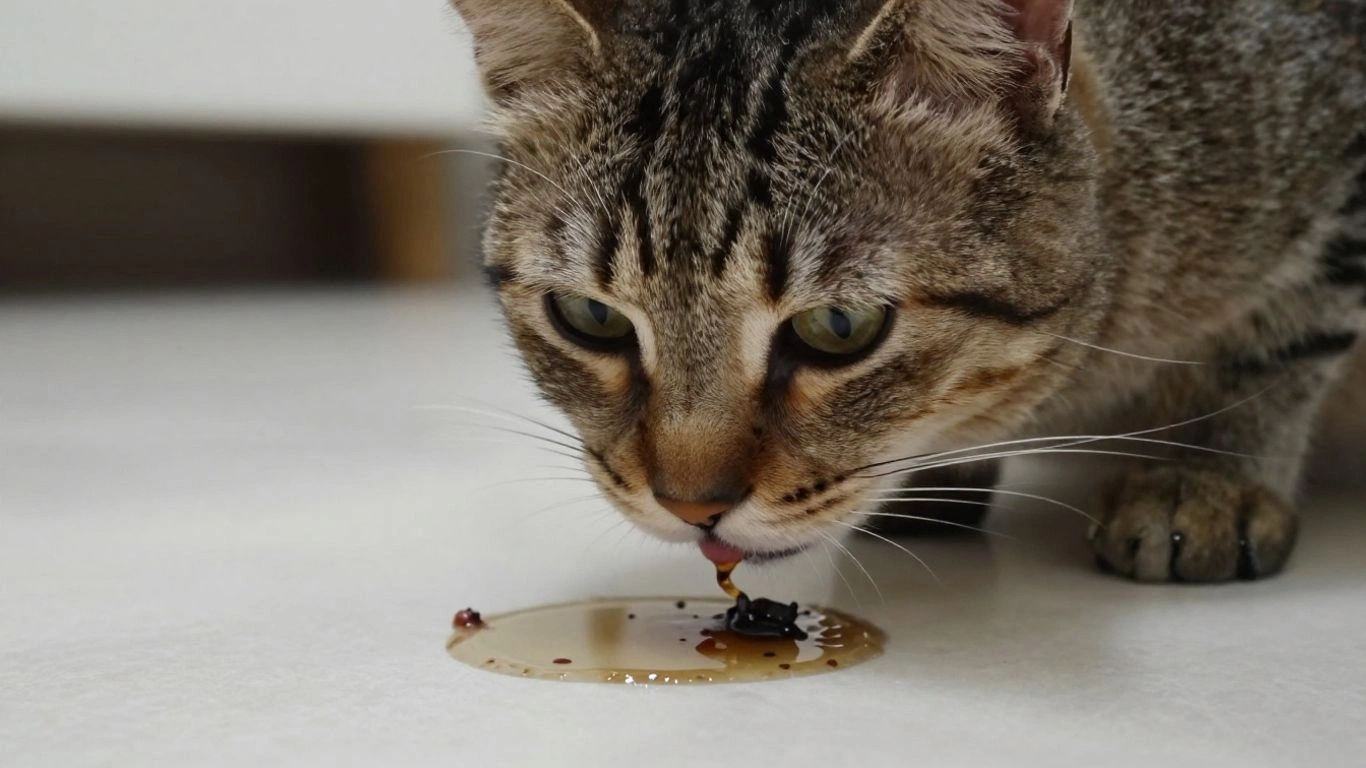 Gato vomitando no chão, com expressão preocupada.