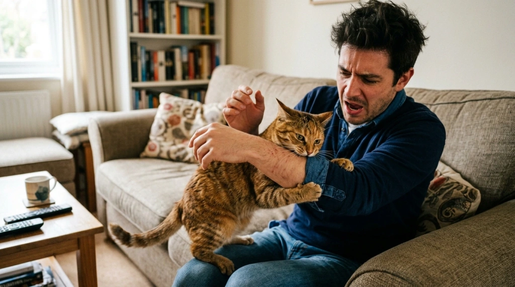 Gato atacando seu tutor com mordida e arranhao