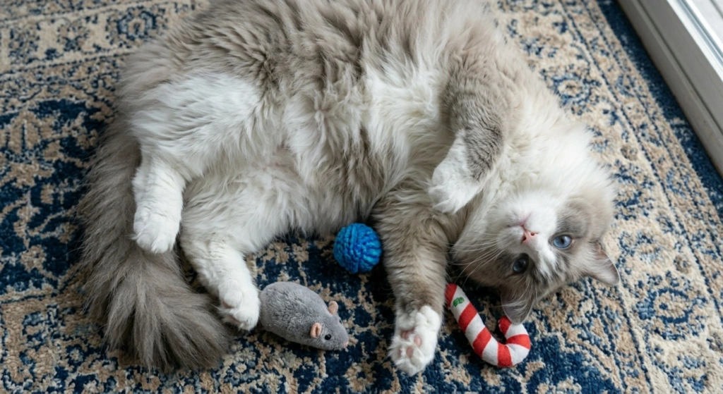 Gato com sobrepeso deitado no chao da sala