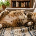 Gato com sobrepeso dormindo no sofá