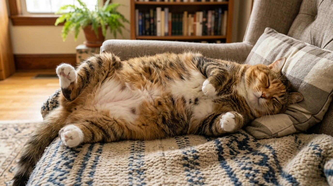 Gato com sobrepeso dormindo no sofá