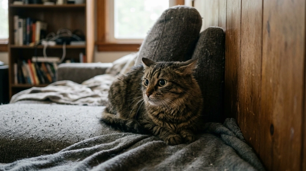 Gato estressado e acuado em sua casa