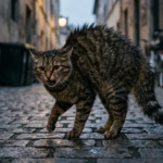 Gato estressado e arredio na rua