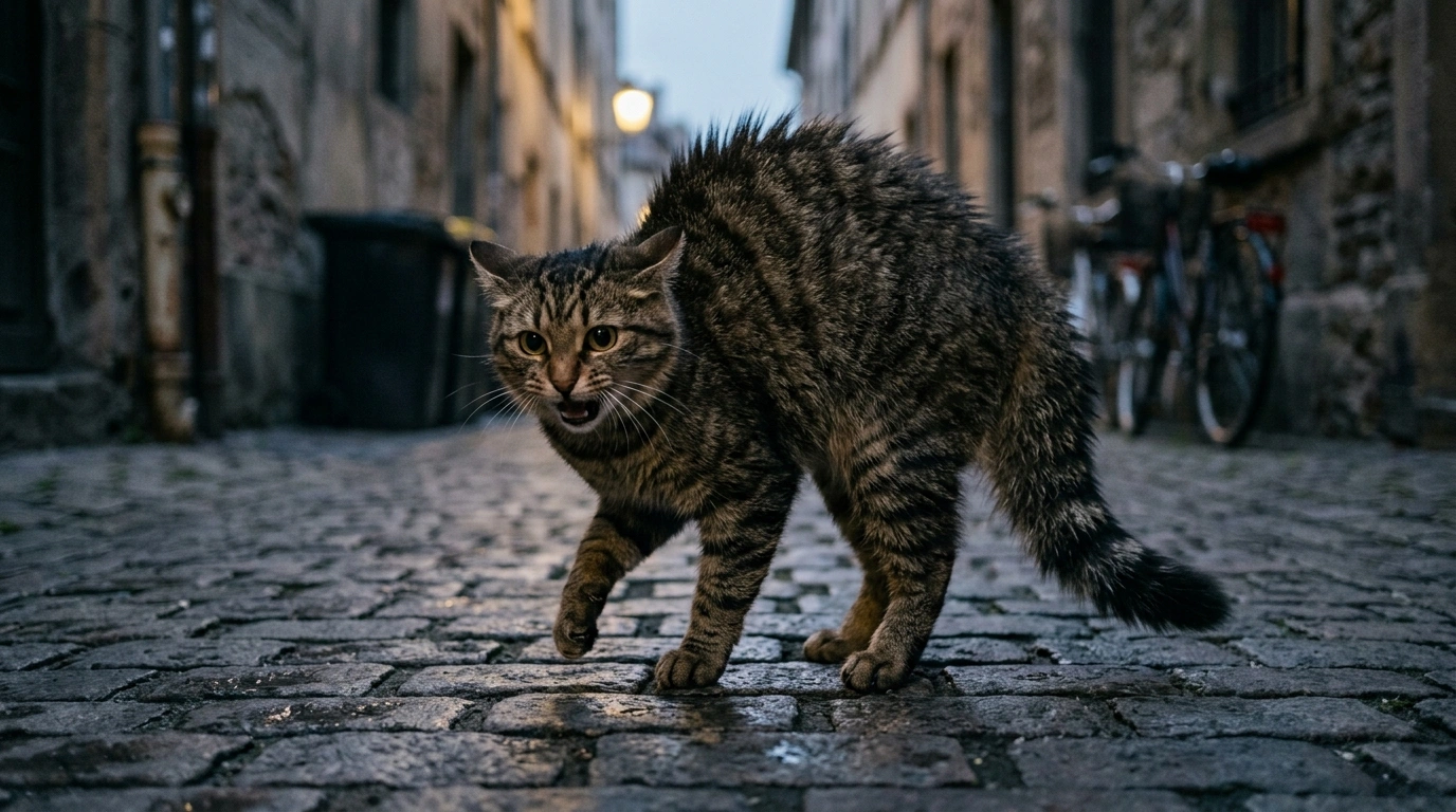 Gato estressado e arredio na rua