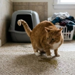 Gato fazendo xixi fora da caixa de areia