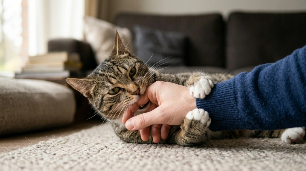 Gato morde sem motivo a mao do seu tutor