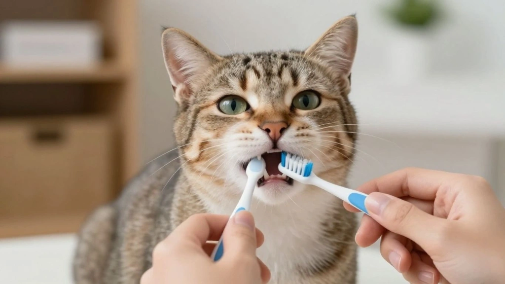 Saúde bucal do gato: como escovar os dentes e evitar doenças Pessoa escovando dente de gato em casa, preocupada com a saúde bucal do gato