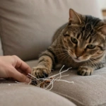 Gato arranhando móveis, sofá de tecido com as unhas.