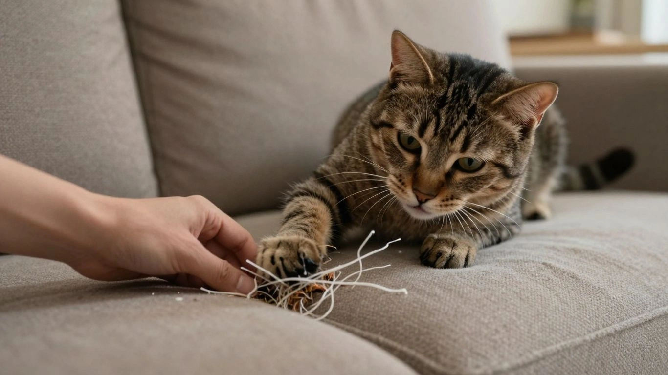 Gato arranhando móveis, sofá de tecido com as unhas.