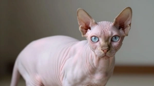 Gato Sphynx com pele enrugada e orelhas grandes.