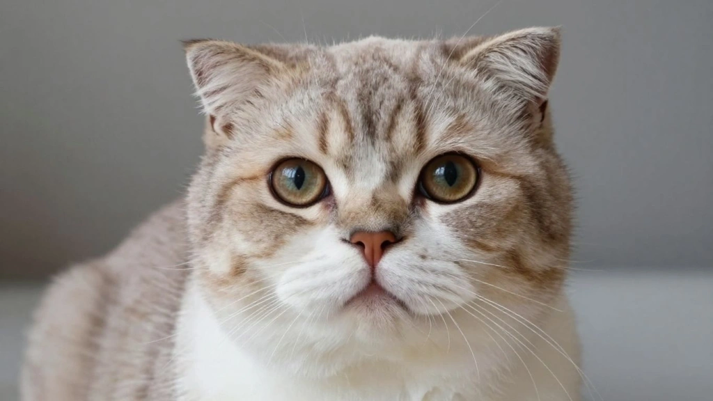 Gato Scottish Fold com orelhas dobradas e olhos grandes.