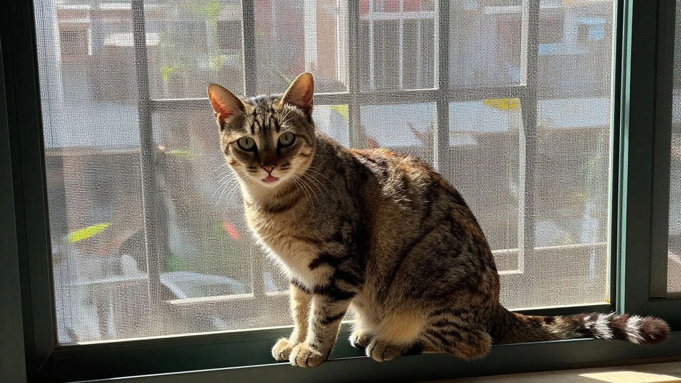 Gato próximo da tela de proteção para gatos