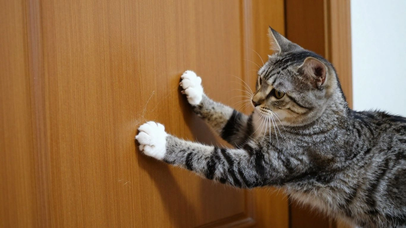 Gato arranhando a porta de madeira com as unhas.