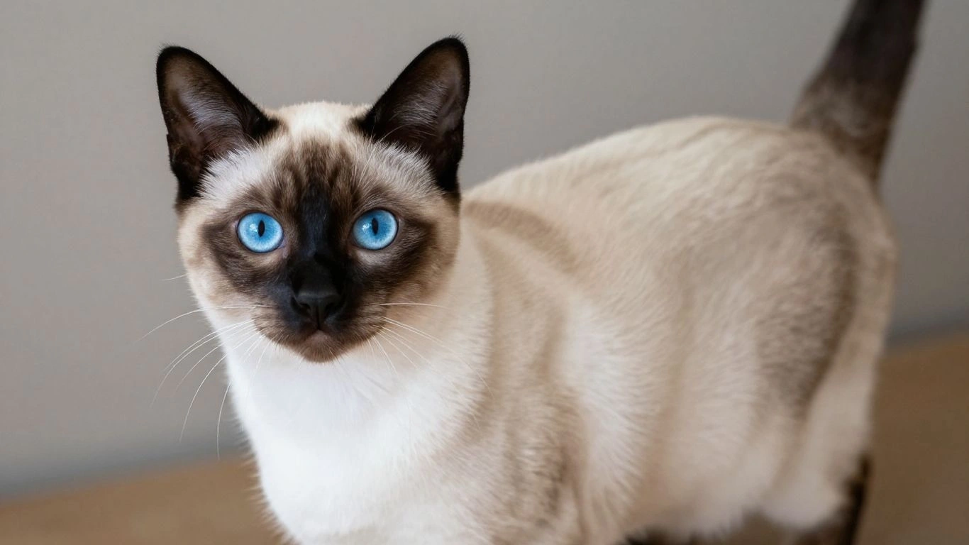 Gato siamês com olhos azuis e pelagem clara.